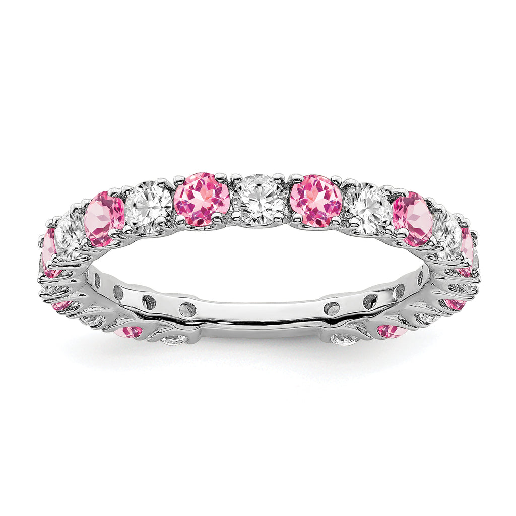 14k White Gold Created Pink Sapphire and Diamond Band