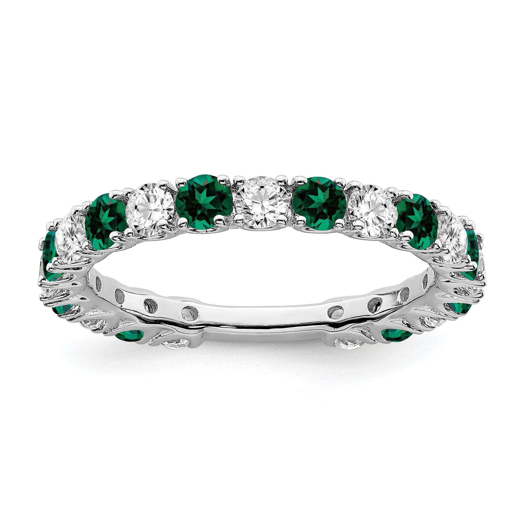 14k White Gold Created Emerald and Diamond Band