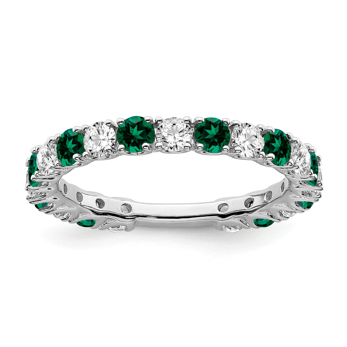 14k White Gold Created Emerald and Diamond Band