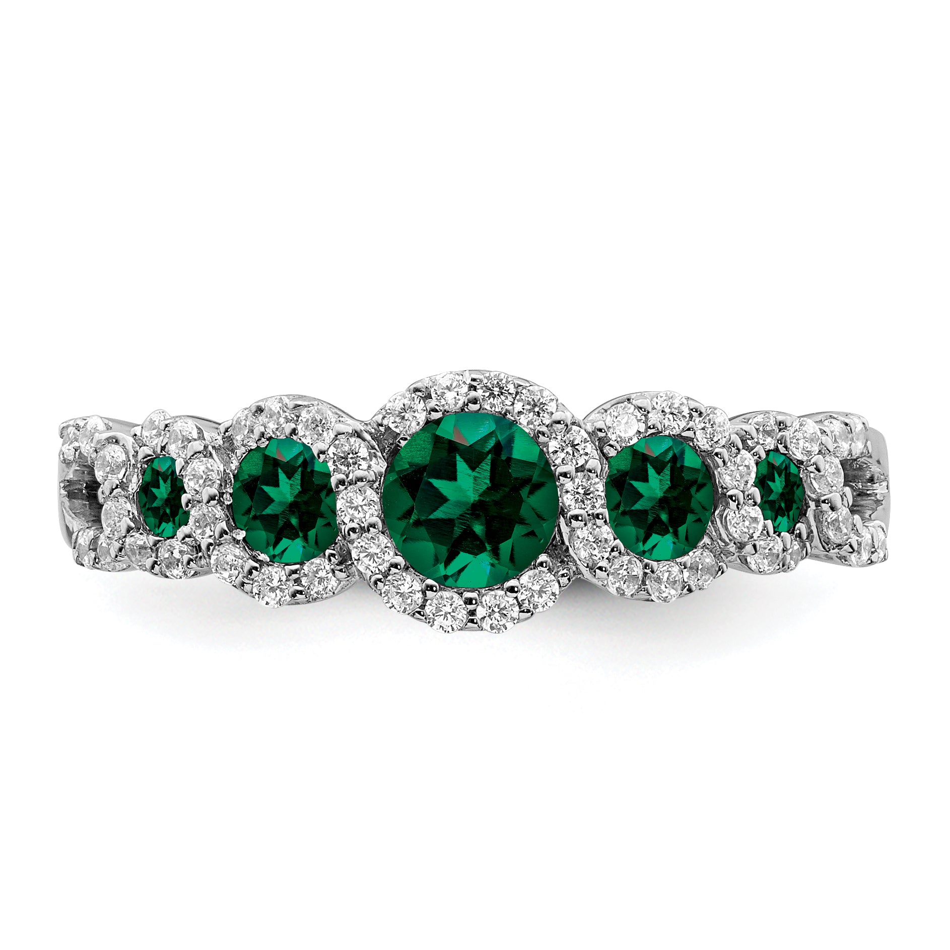 14k White Gold Created Emerald and Diamond Ring