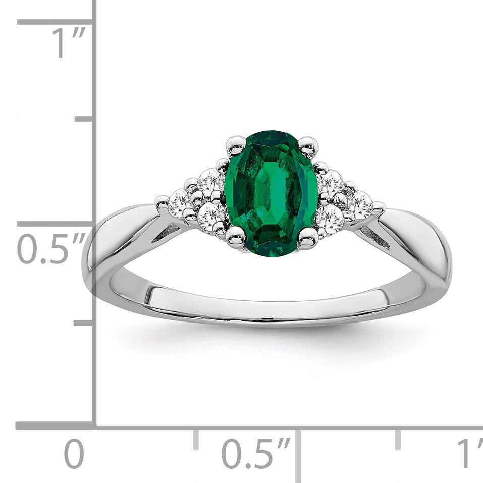 14k White Gold Created Emerald and Diamond Ring