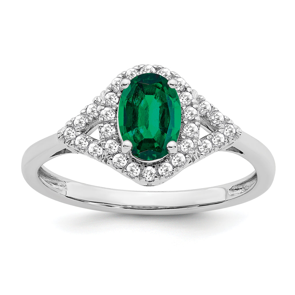 14k White Gold Oval Created Emerald and Diamond Ring