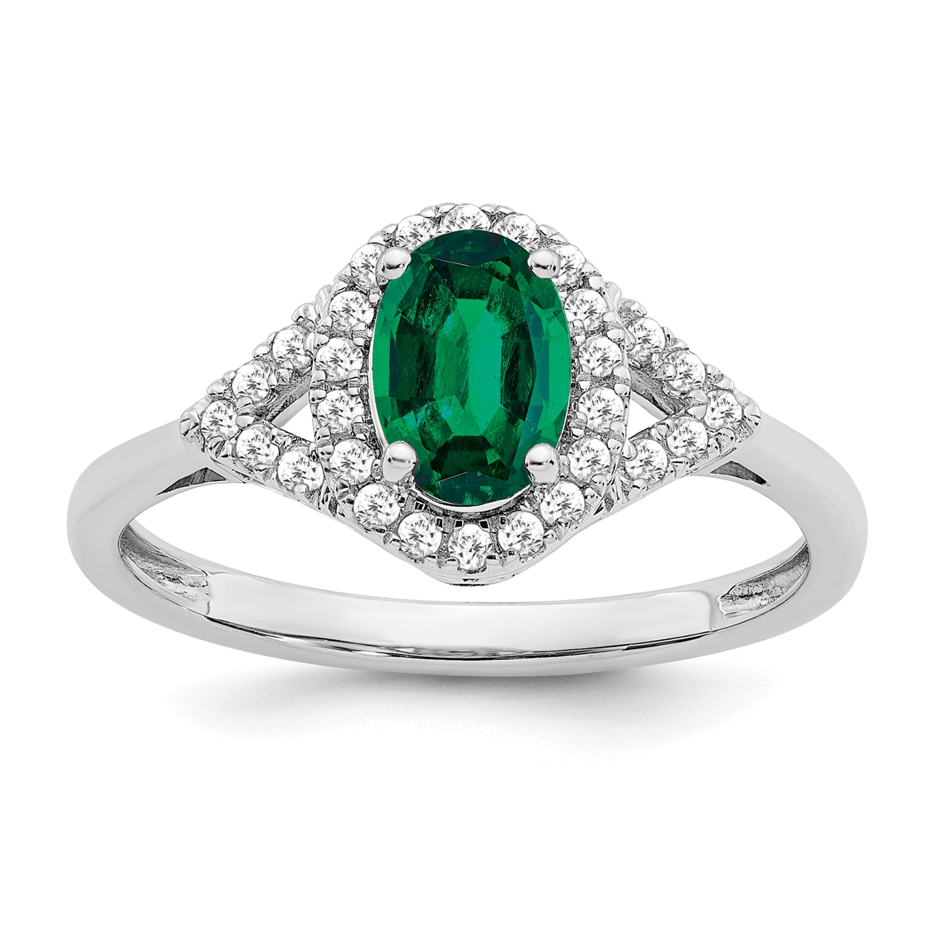 14k White Gold Oval Created Emerald and Diamond Ring