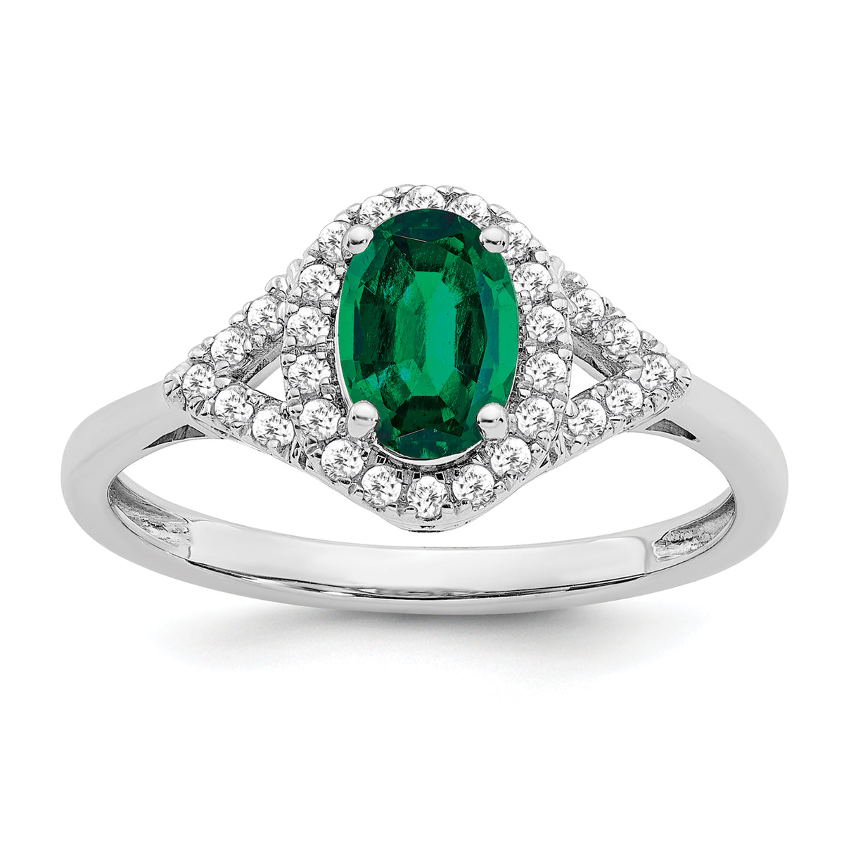 14k White Gold Oval Created Emerald and Diamond Ring