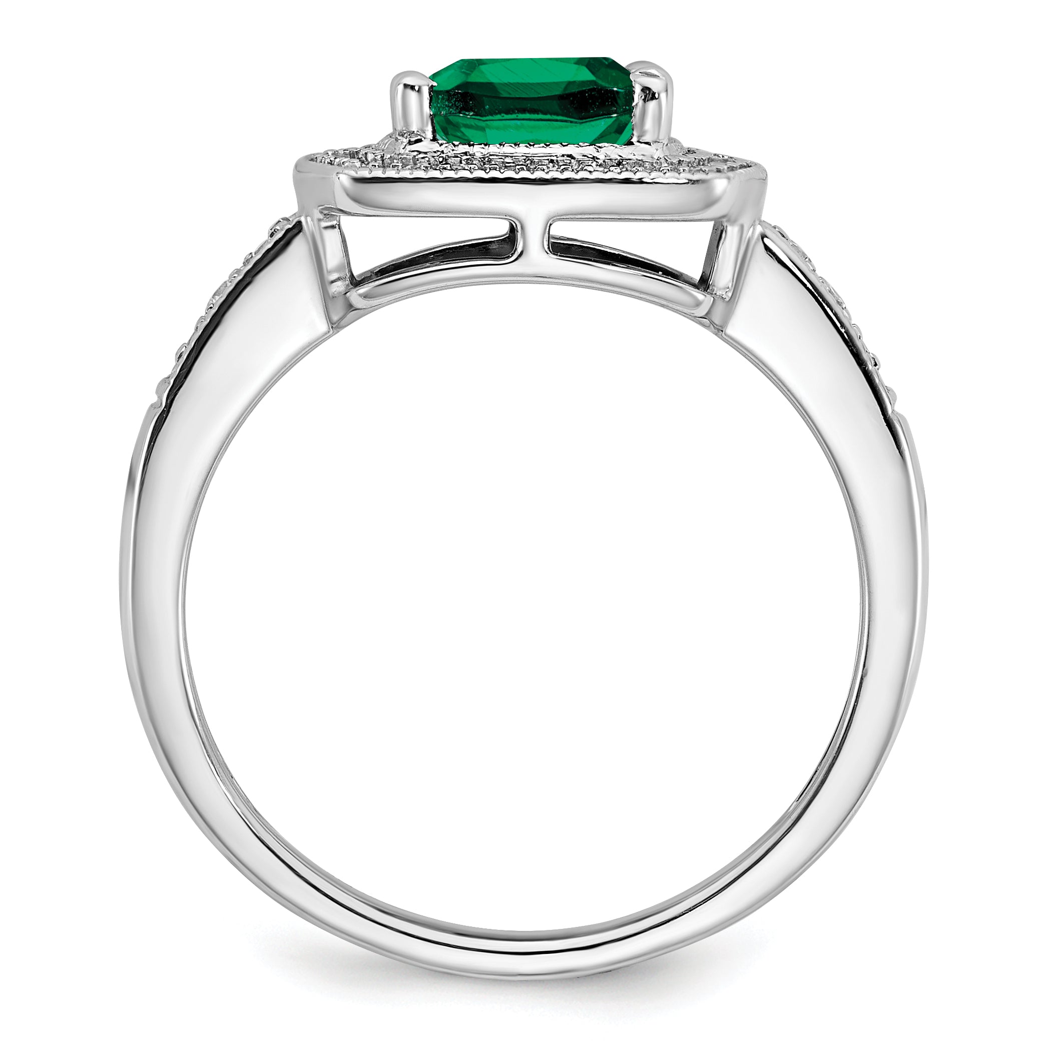 14k White Gold Cushion Created Emerald and Diamond Halo Ring