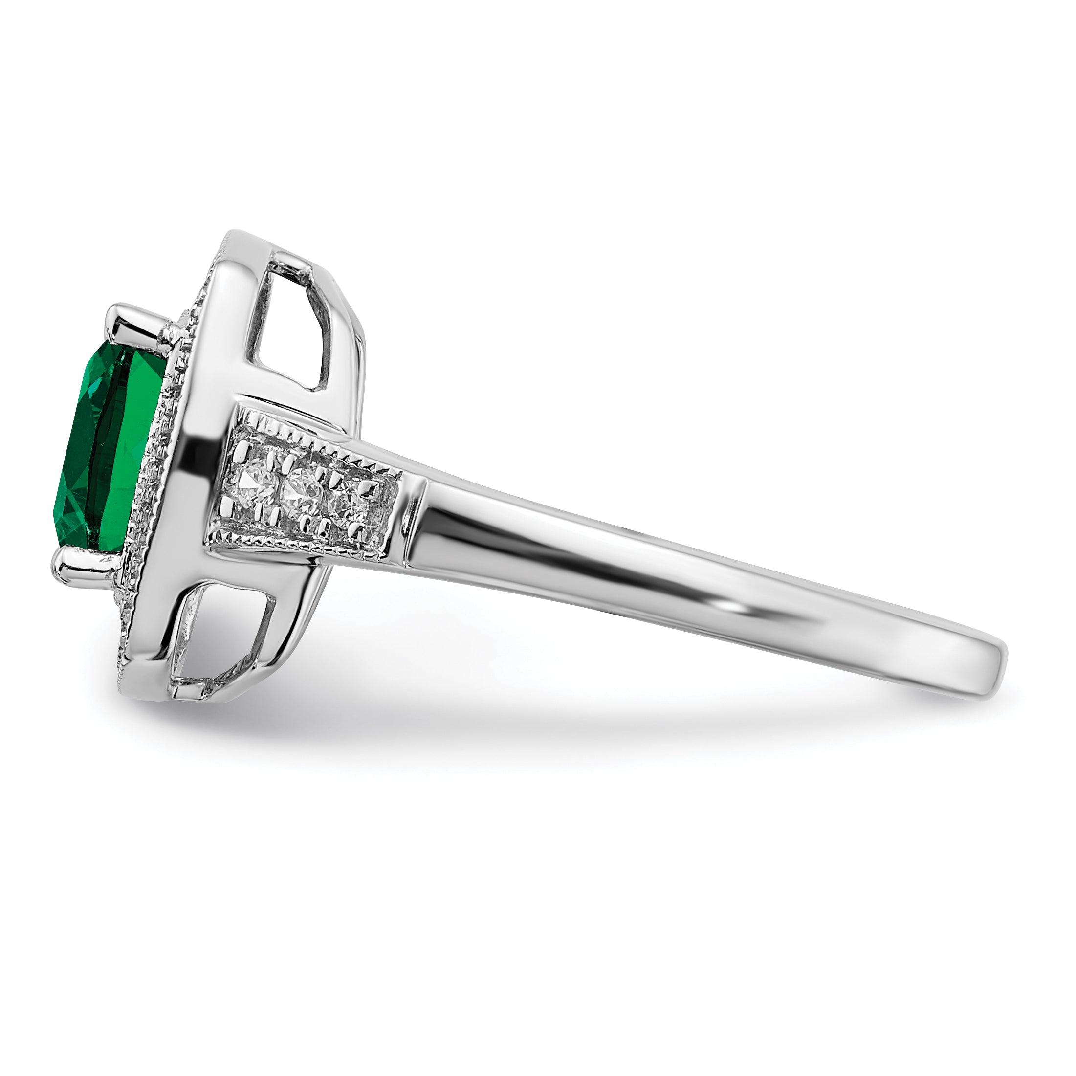 14k White Gold Cushion Created Emerald and Diamond Halo Ring