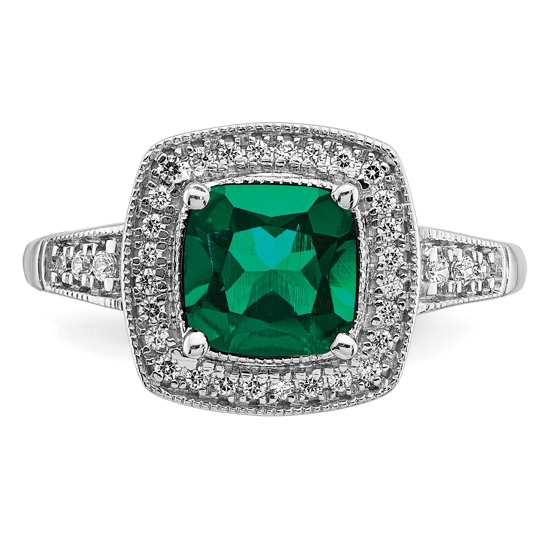 14k White Gold Cushion Created Emerald and Diamond Halo Ring