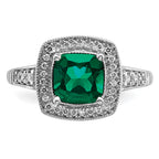 14k White Gold Cushion Created Emerald and Diamond Halo Ring