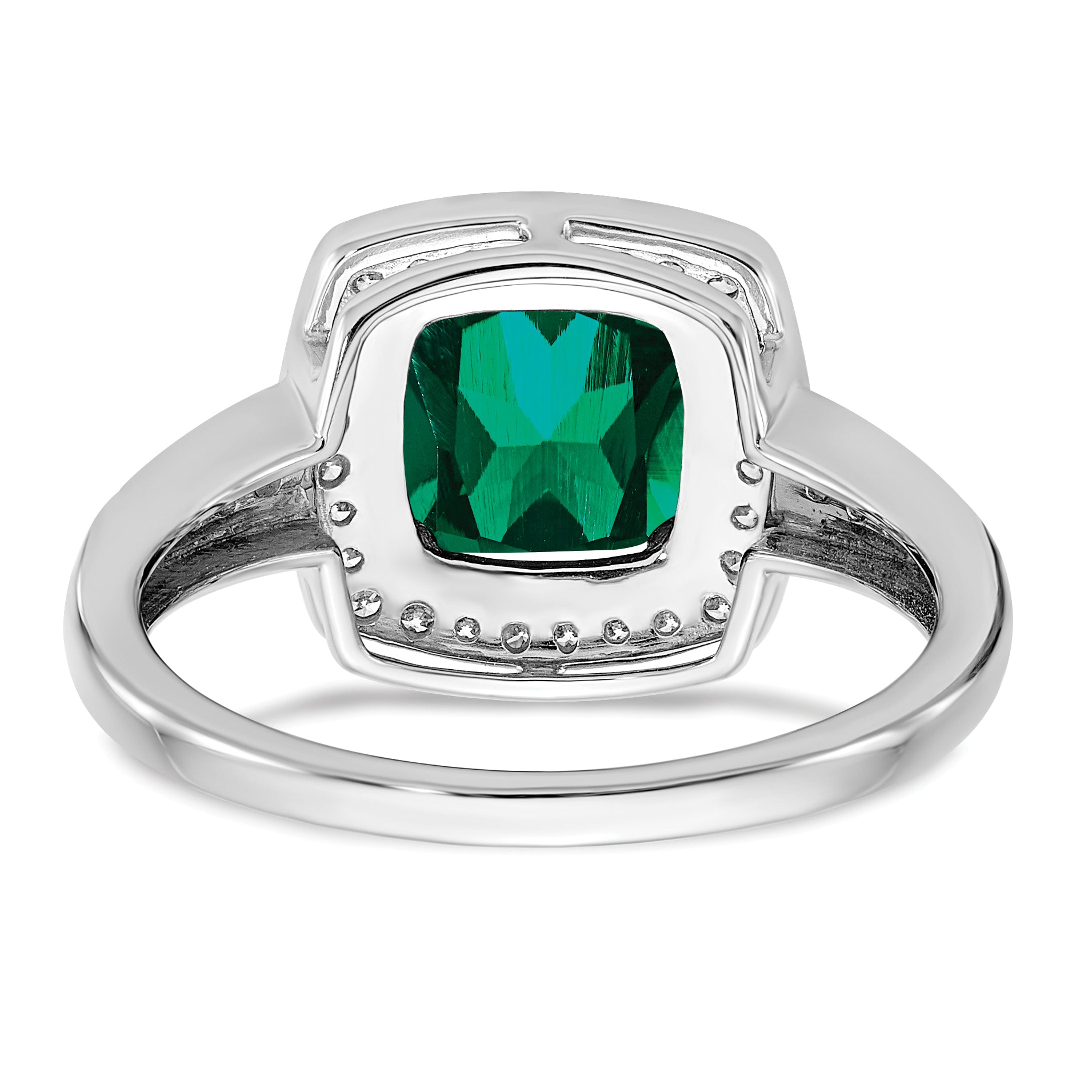 14k White Gold Cushion Created Emerald and Diamond Halo Ring