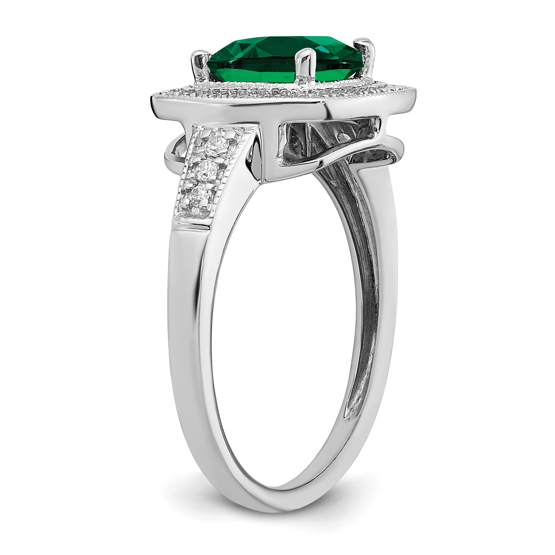 14k White Gold Cushion Created Emerald and Diamond Halo Ring