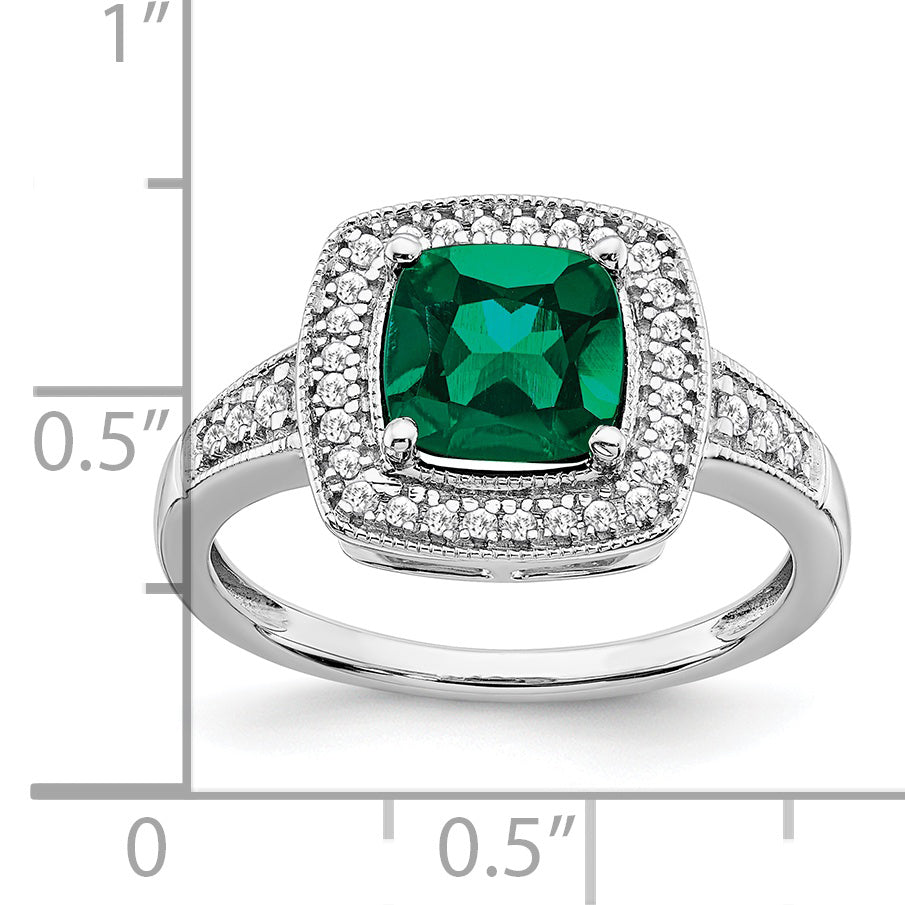 14k White Gold Cushion Created Emerald and Diamond Halo Ring