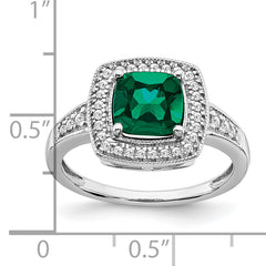 14k White Gold Cushion Created Emerald and Diamond Halo Ring