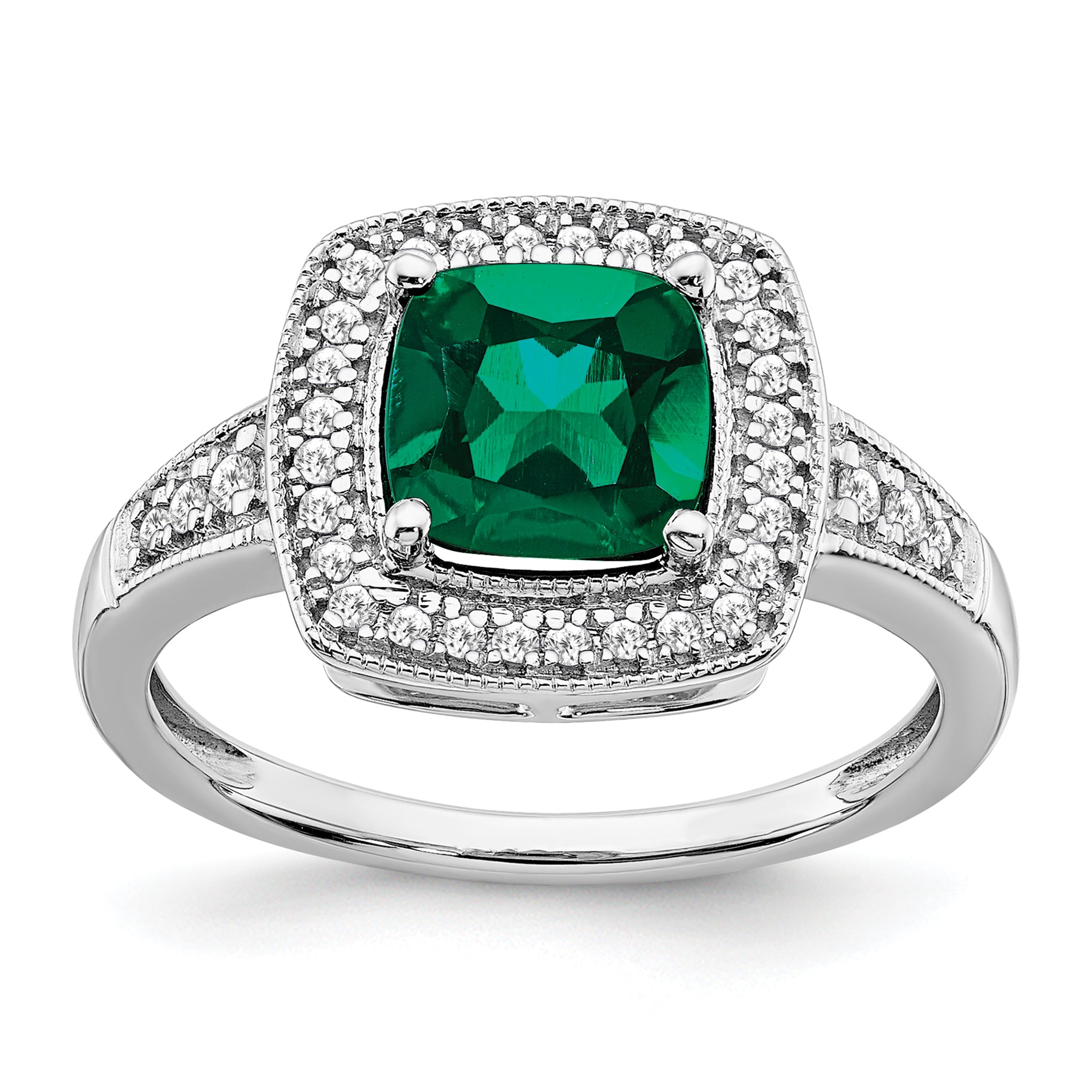 14k White Gold Cushion Created Emerald and Diamond Halo Ring