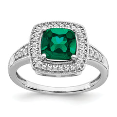 14k White Gold Cushion Created Emerald and Diamond Halo Ring