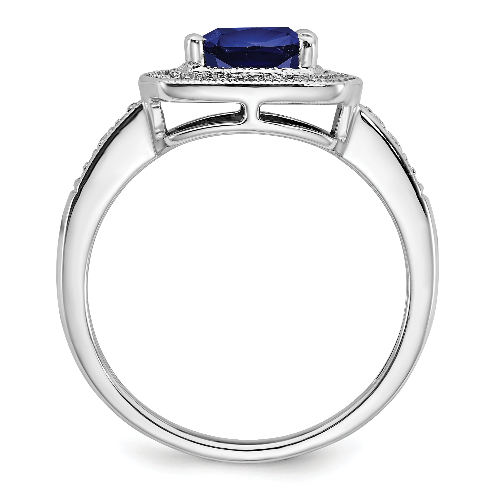 14k White Gold Cushion Created Sapphire and Diamond Halo Ring