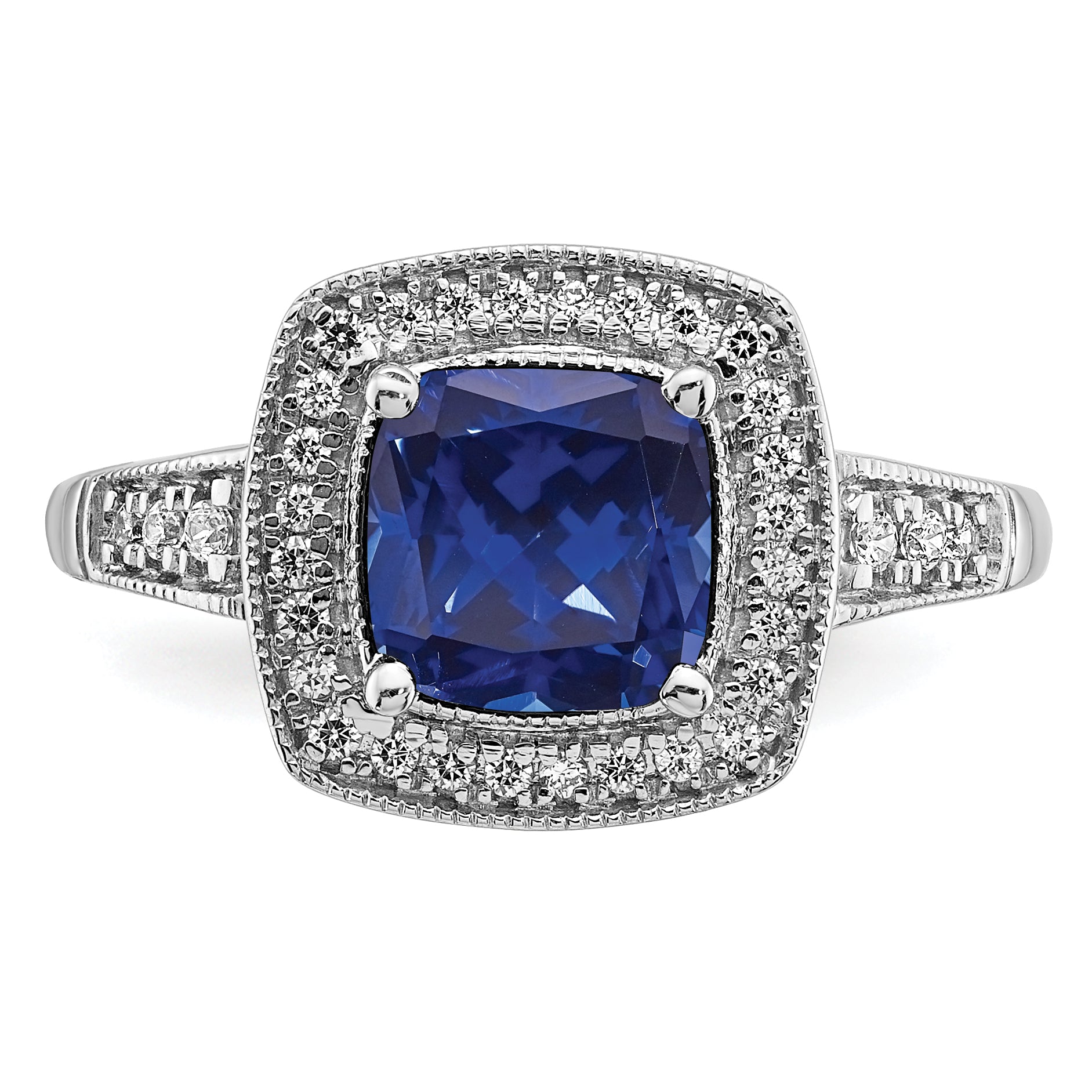 14k White Gold Cushion Created Sapphire and Diamond Halo Ring