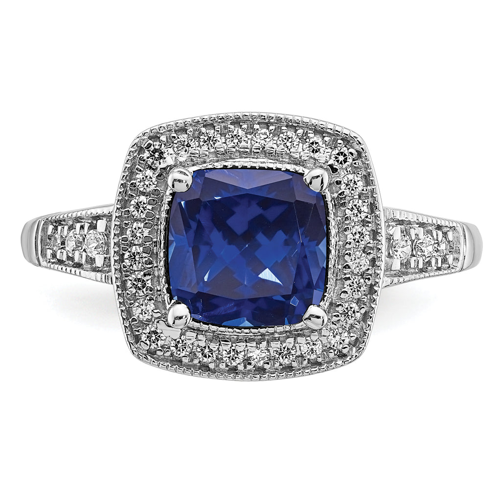 14k White Gold Cushion Created Sapphire and Diamond Halo Ring