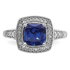 14k White Gold Cushion Created Sapphire and Diamond Halo Ring