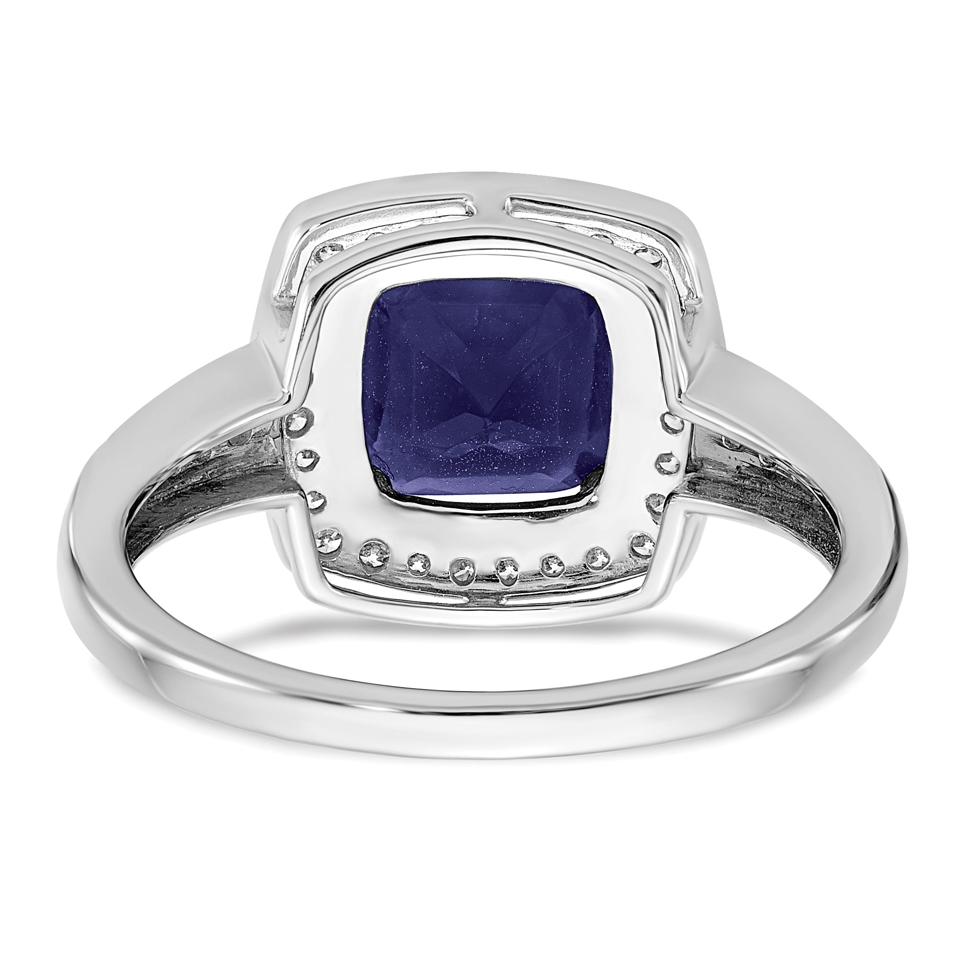 14k White Gold Cushion Created Sapphire and Diamond Halo Ring