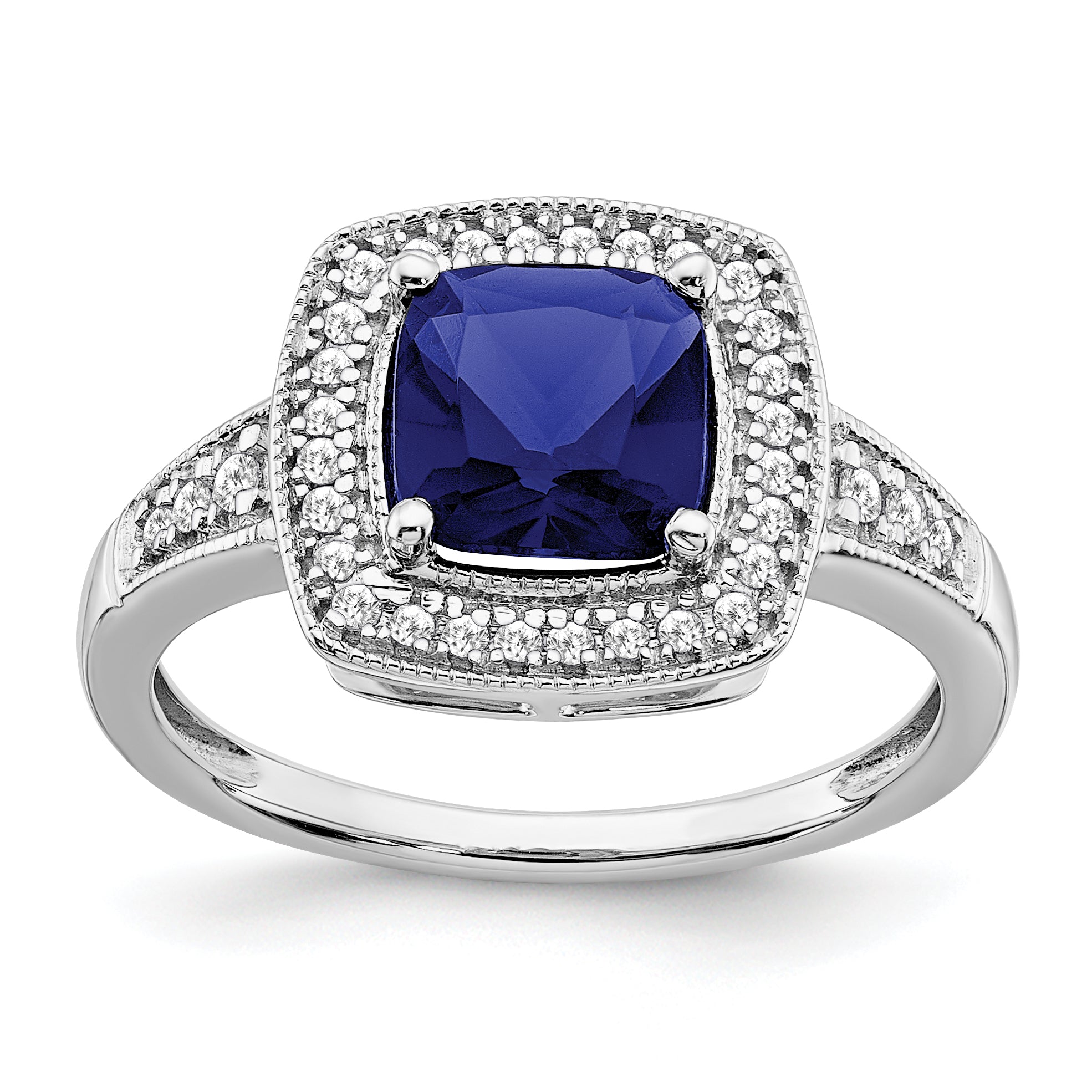 14k White Gold Cushion Created Sapphire and Diamond Halo Ring Main image