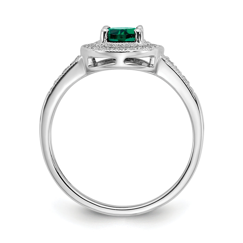 14k White Gold Oval Created Emerald and Diamond Halo Ring