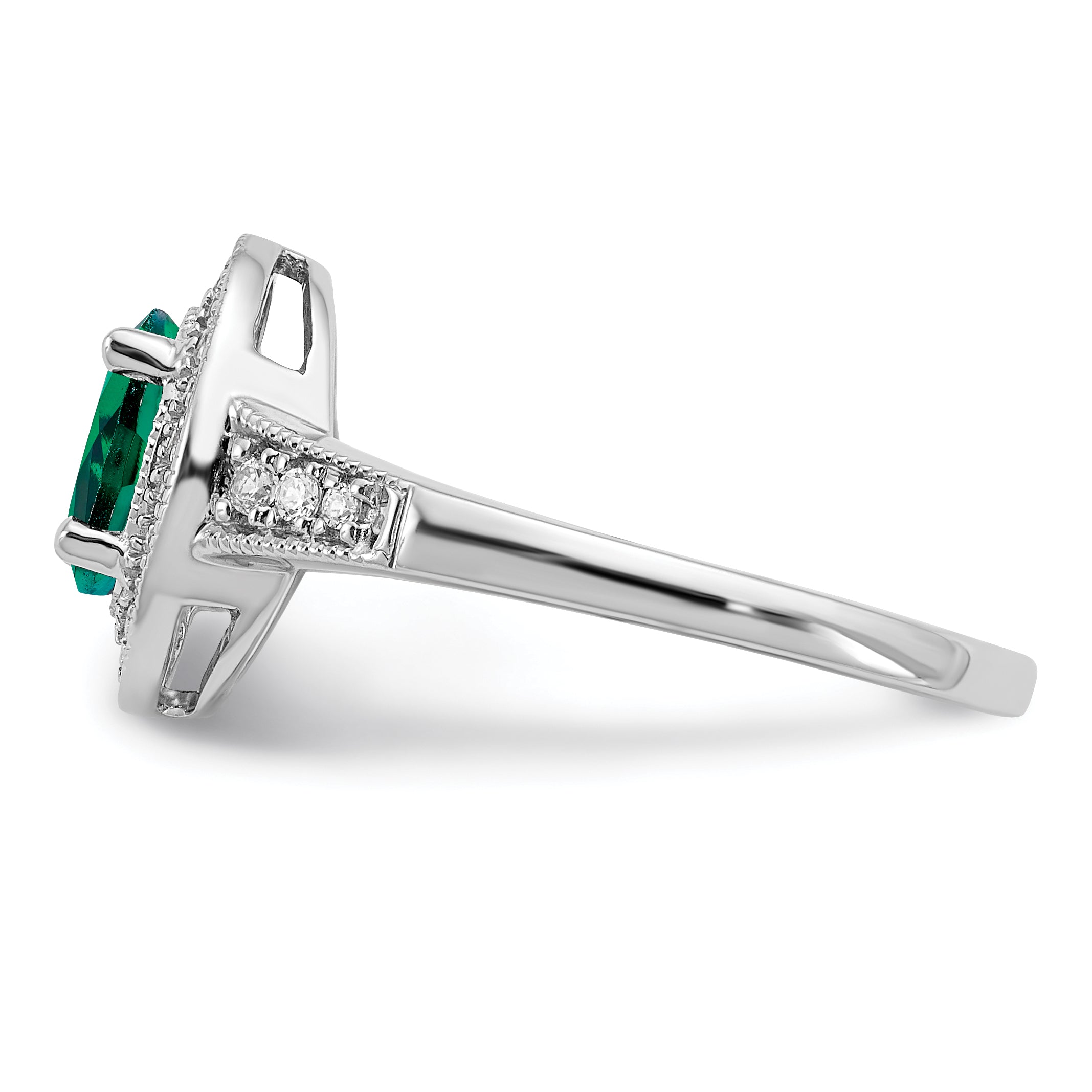14k White Gold Oval Created Emerald and Diamond Halo Ring