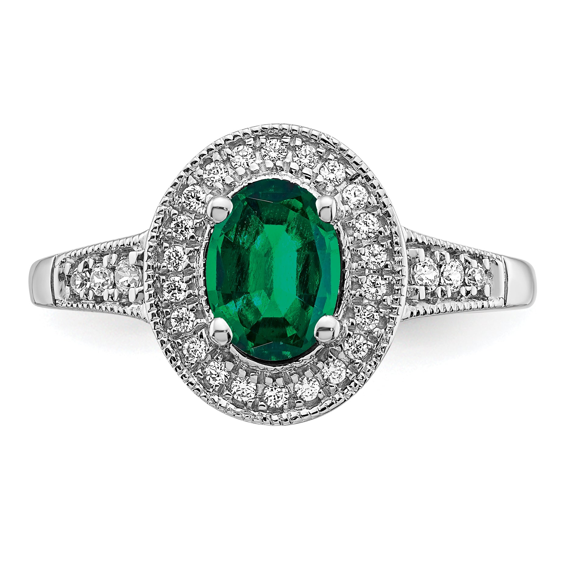 14k White Gold Oval Created Emerald and Diamond Halo Ring