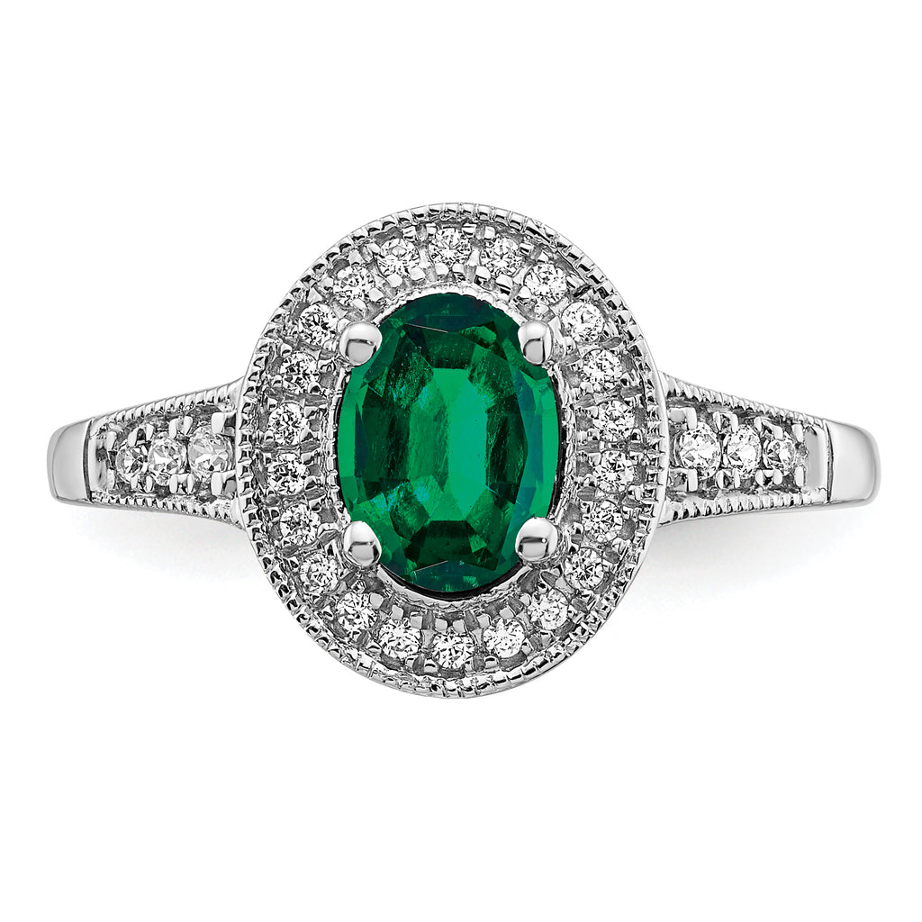 14k White Gold Oval Created Emerald and Diamond Halo Ring