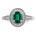 14k White Gold Oval Created Emerald and Diamond Halo Ring