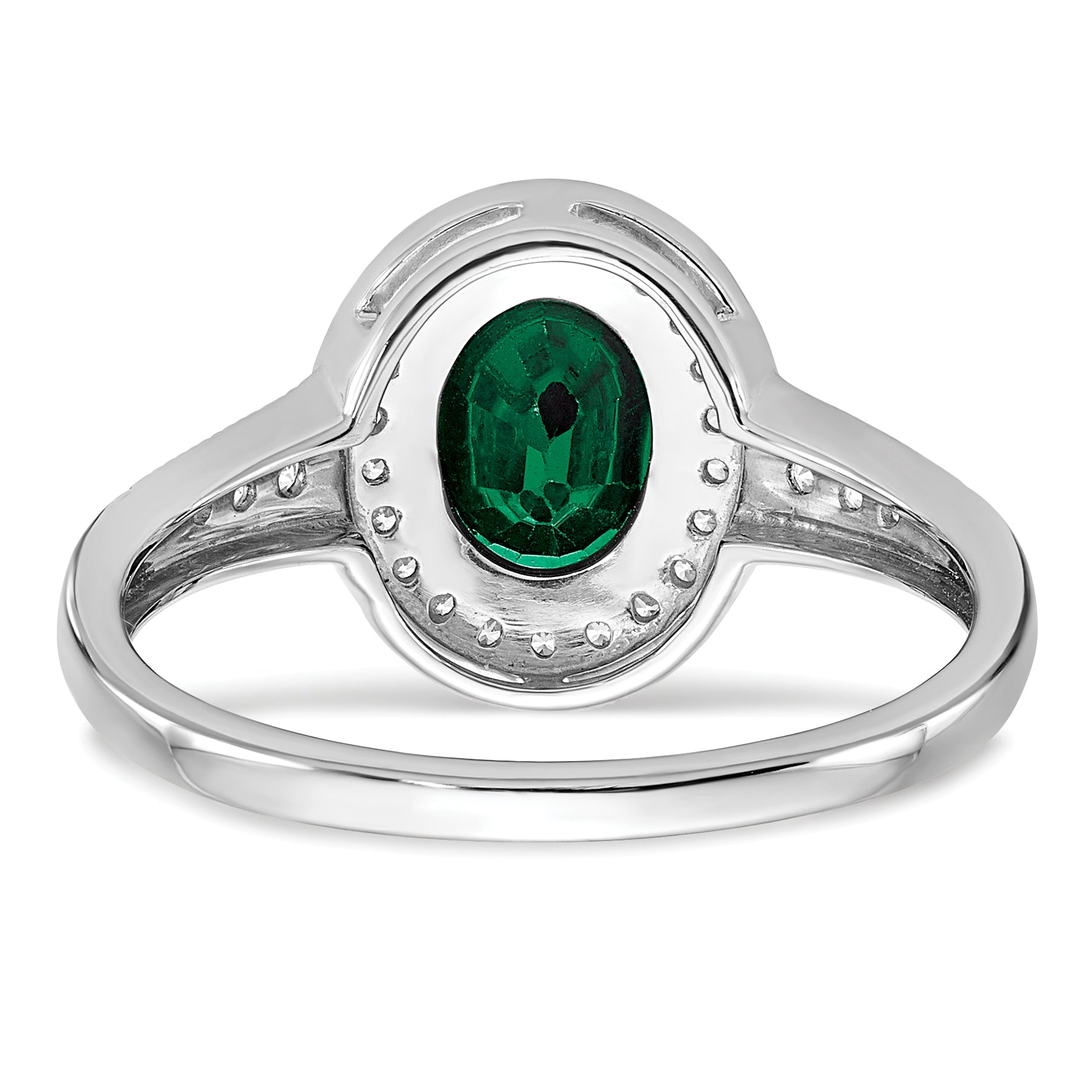 14k White Gold Oval Created Emerald and Diamond Halo Ring