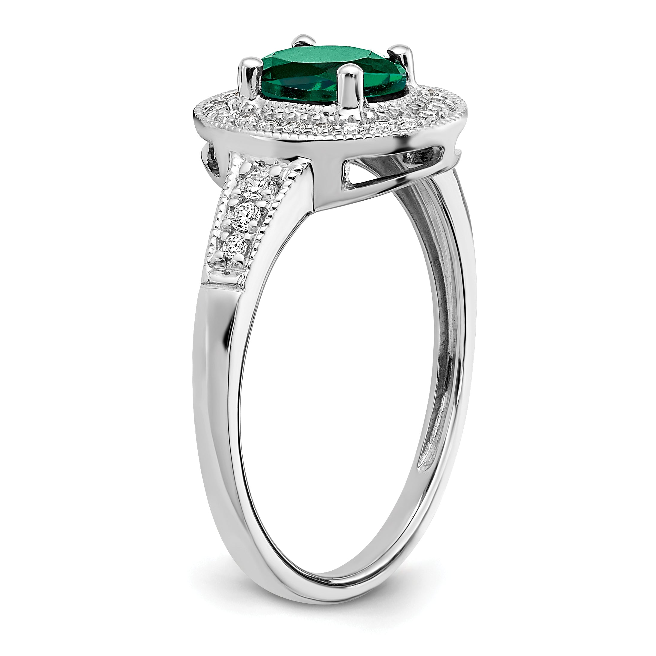 14k White Gold Oval Created Emerald and Diamond Halo Ring