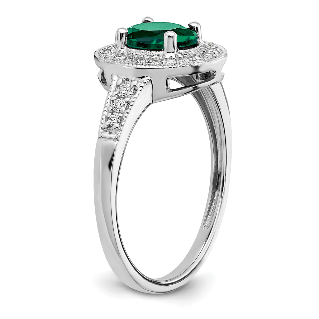 14k White Gold Oval Created Emerald and Diamond Halo Ring