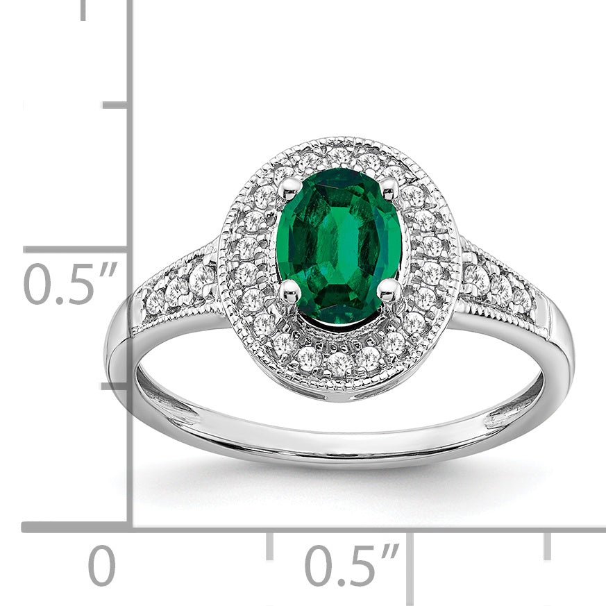 14k White Gold Oval Created Emerald and Diamond Halo Ring