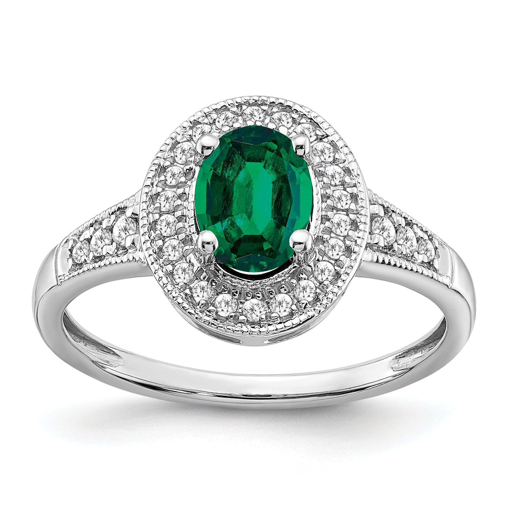 14k White Gold Oval Created Emerald and Diamond Halo Ring Main image