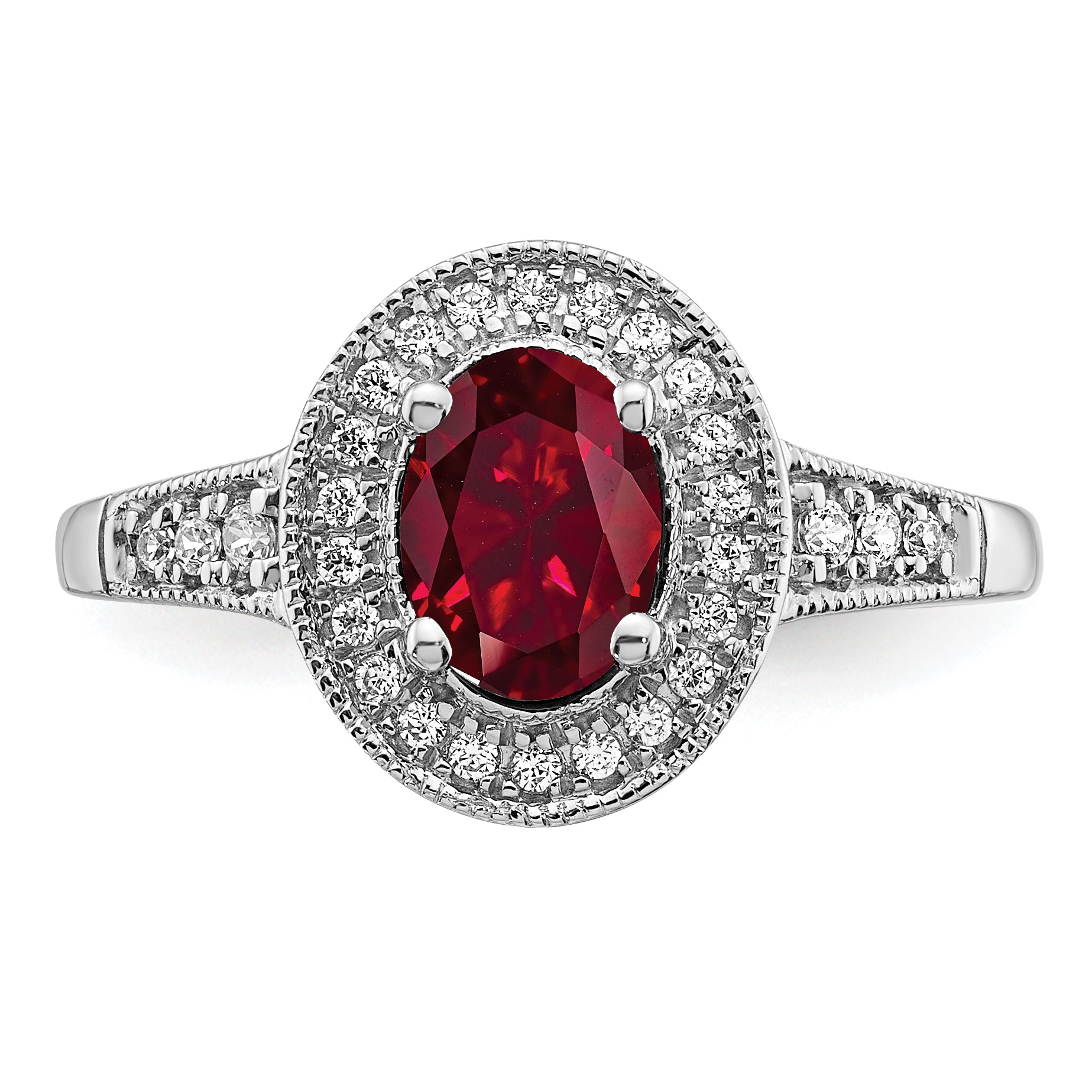 14k White Gold Oval Created Ruby and Diamond Halo Ring