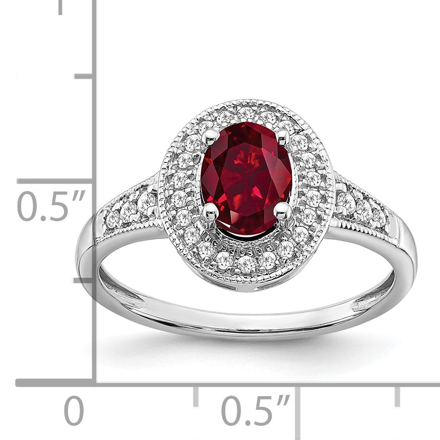 14k White Gold Oval Created Ruby and Diamond Halo Ring