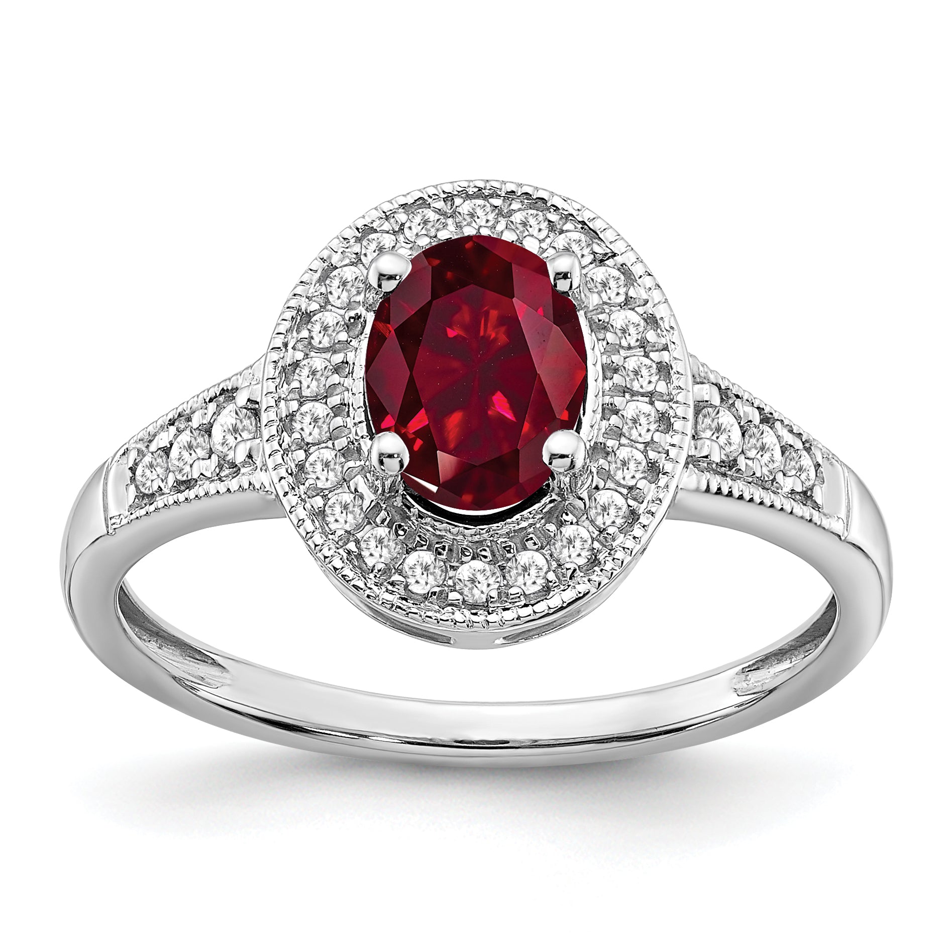 14k White Gold Oval Created Ruby and Diamond Halo Ring Main image