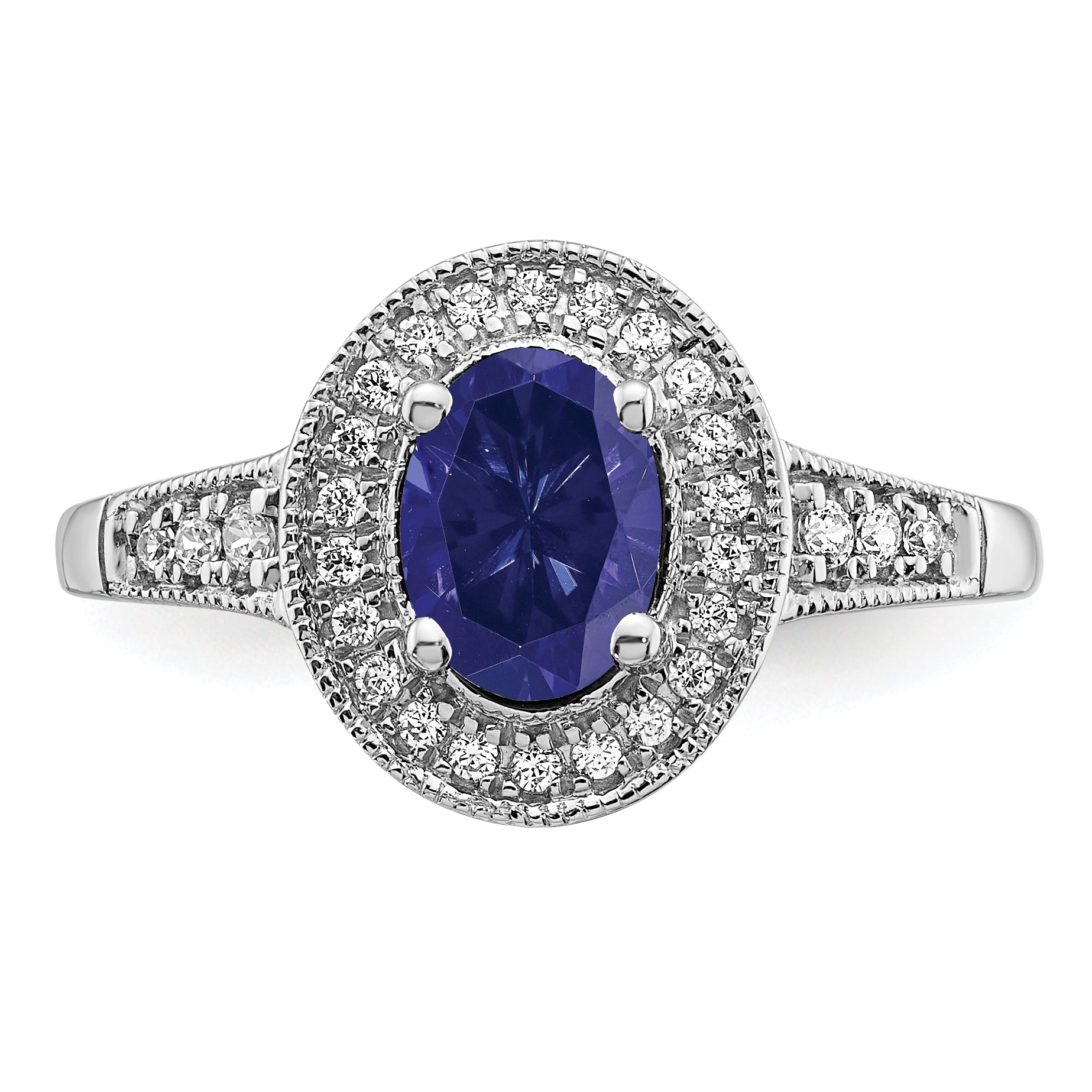 14k White Gold Oval Created Sapphire and Diamond Halo Ring