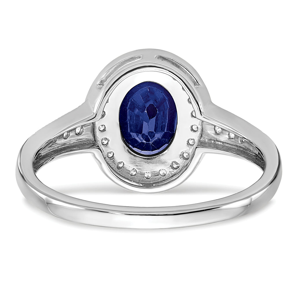 14k White Gold Oval Created Sapphire and Diamond Halo Ring