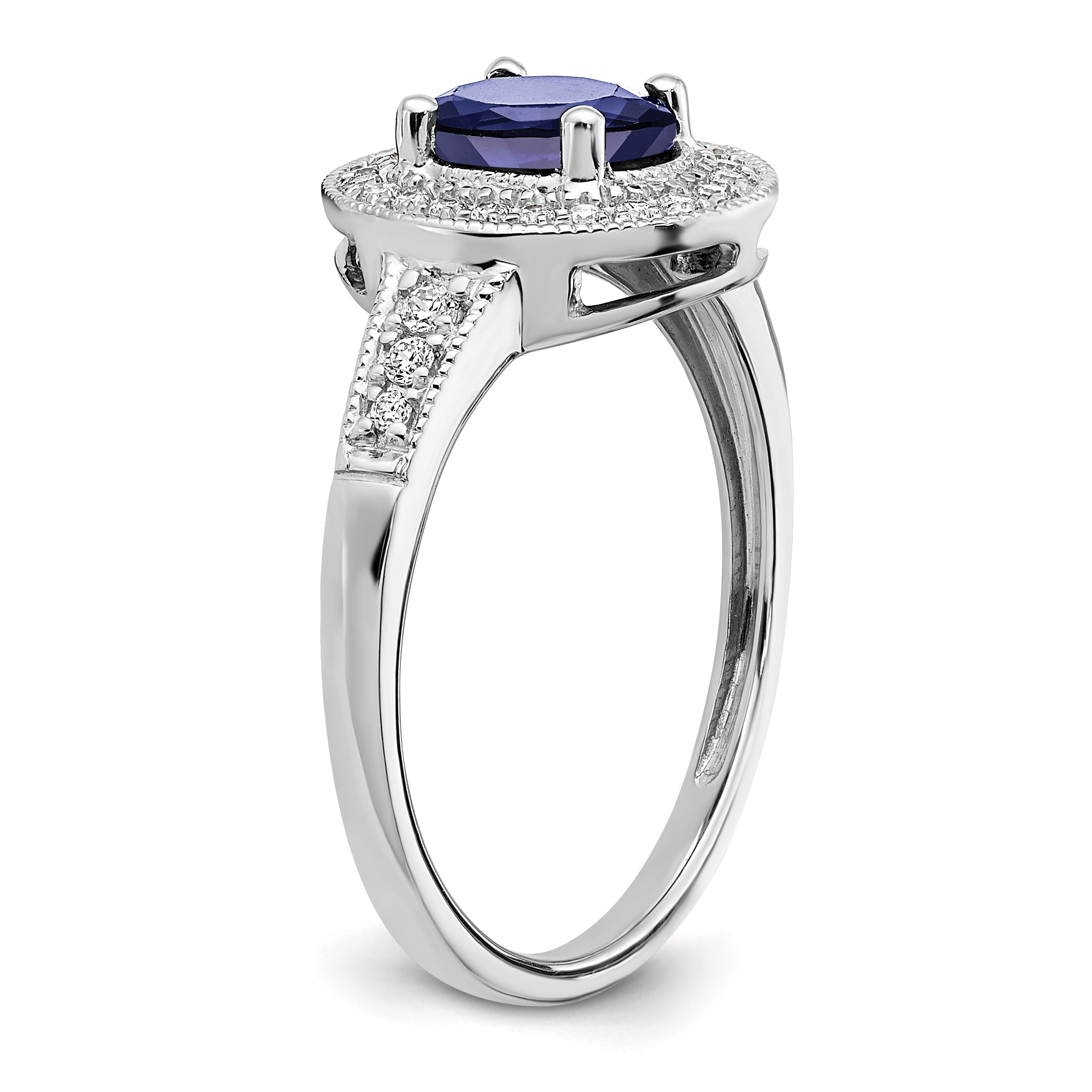 14k White Gold Oval Created Sapphire and Diamond Halo Ring