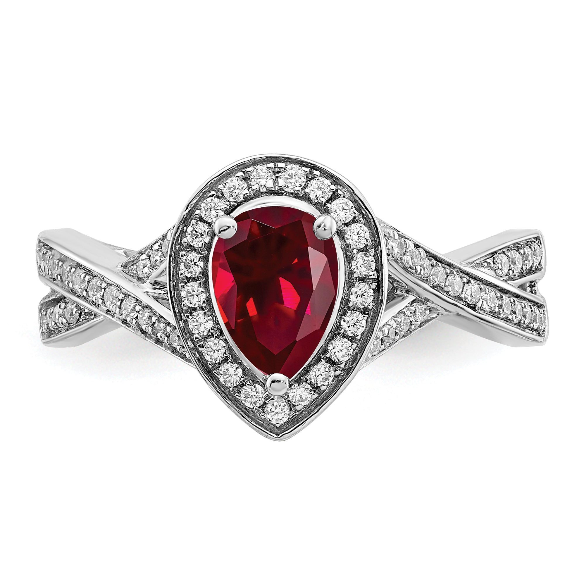 14k White Gold Pear Created Ruby and Diamond Halo Ring