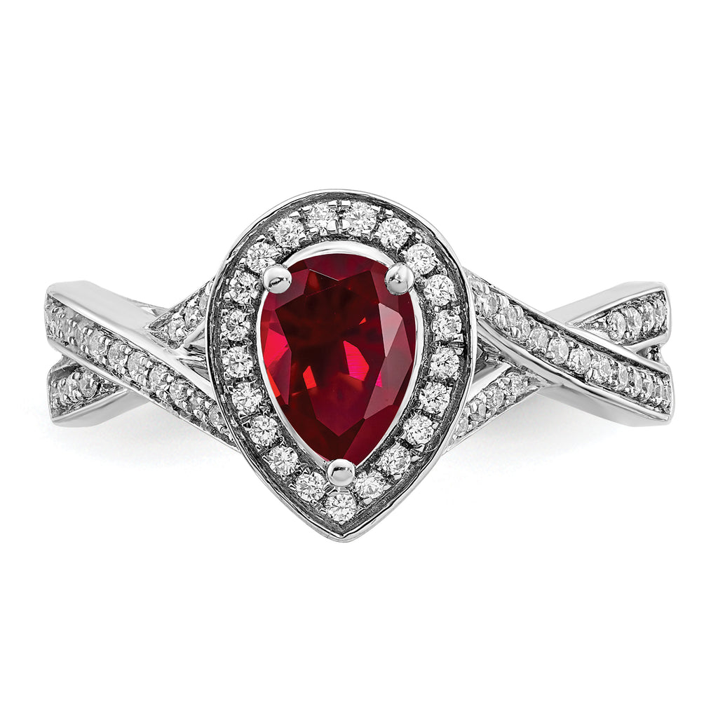 14k White Gold Pear Created Ruby and Diamond Halo Ring