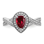 14k White Gold Pear Created Ruby and Diamond Halo Ring