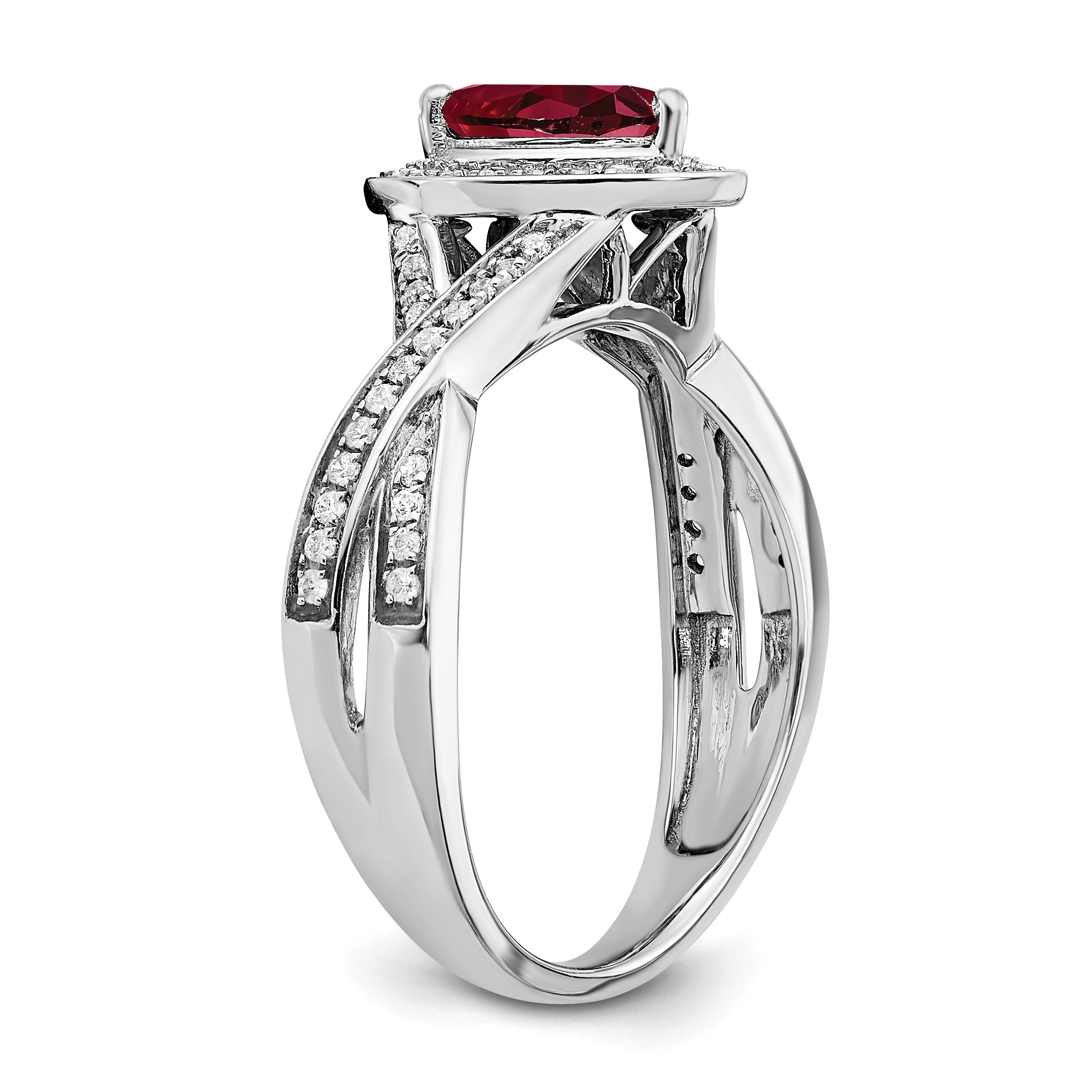 14k White Gold Pear Created Ruby and Diamond Halo Ring