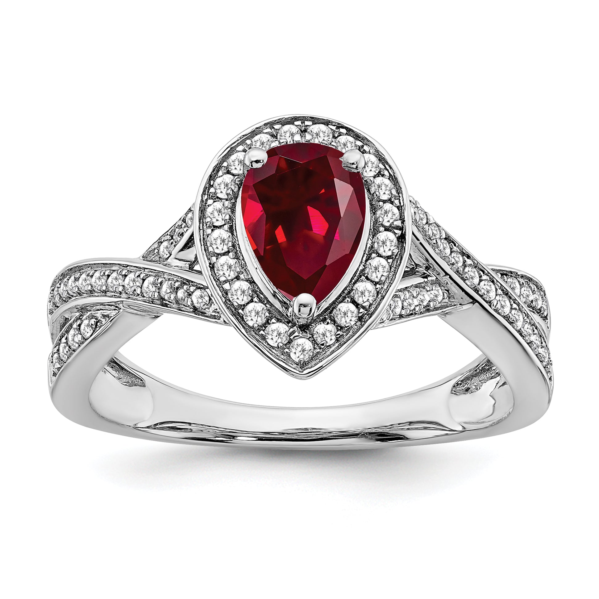 14k White Gold Pear Created Ruby and Diamond Halo Ring Main image