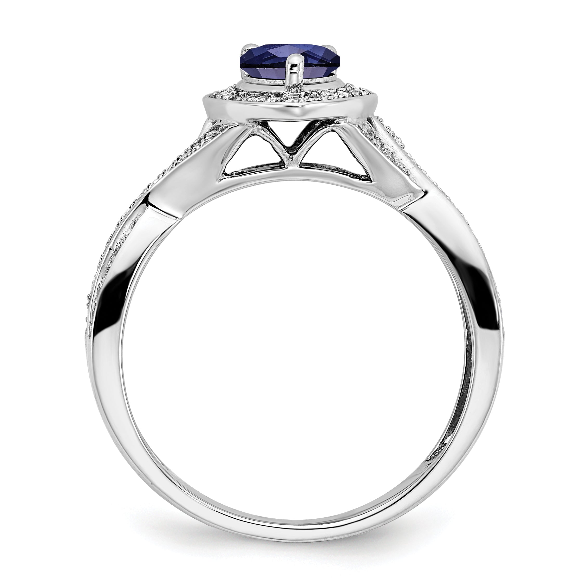 14k White Gold Pear Created Sapphire and Diamond Halo Ring