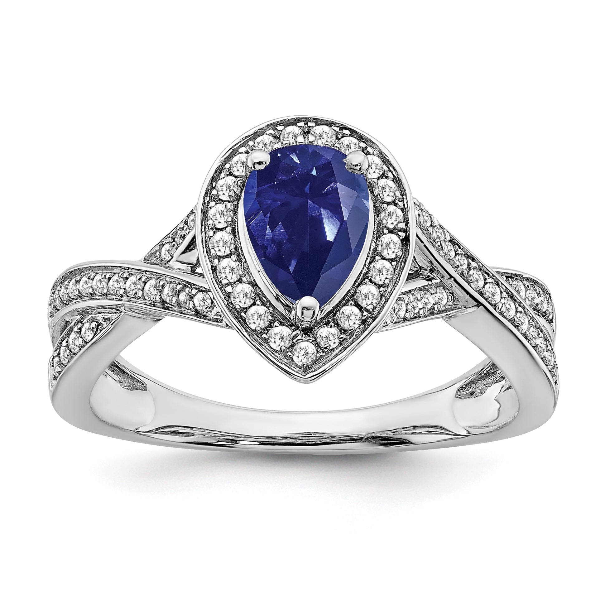 14k White Gold Pear Created Sapphire and Diamond Halo Ring Main image