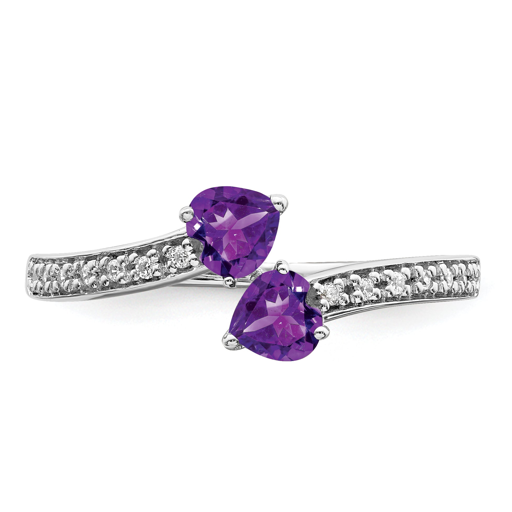14k White Gold Amethyst and Diamond 2-stone Heart Ring