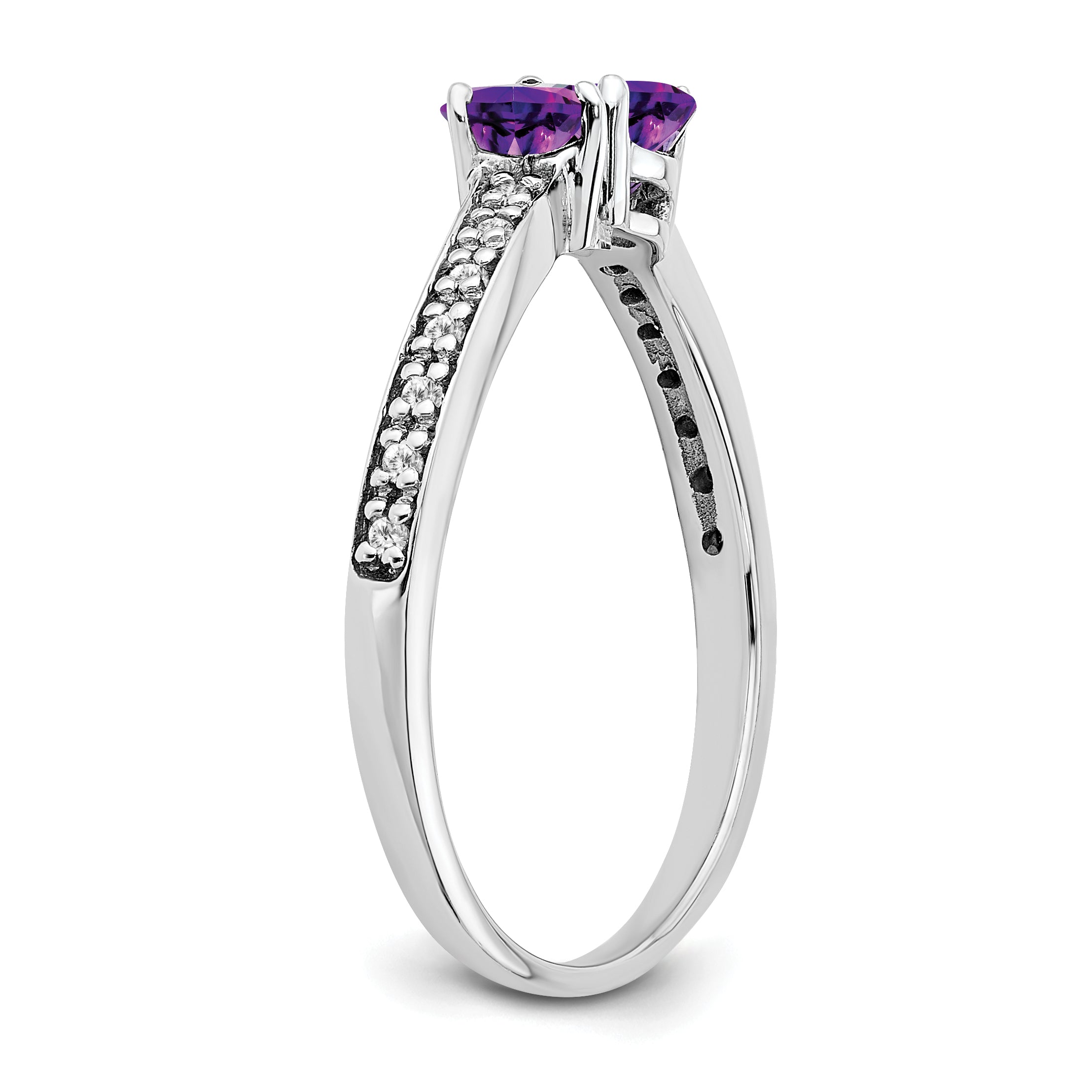 14k White Gold Amethyst and Diamond 2-stone Heart Ring