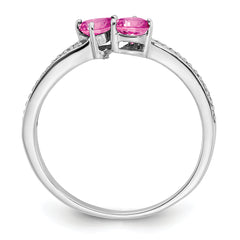 14k White Gold Created Pink Sapphire and Diamond 2-stone Heart Ring
